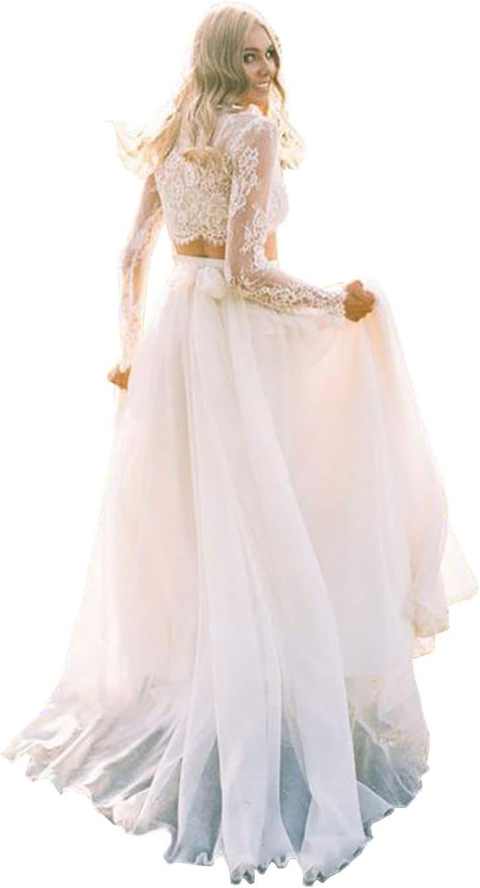 Lace Long Sleeves Chiffon Wedding Dresses Two Piece Bridal Gowns Simple Robe De Mariage