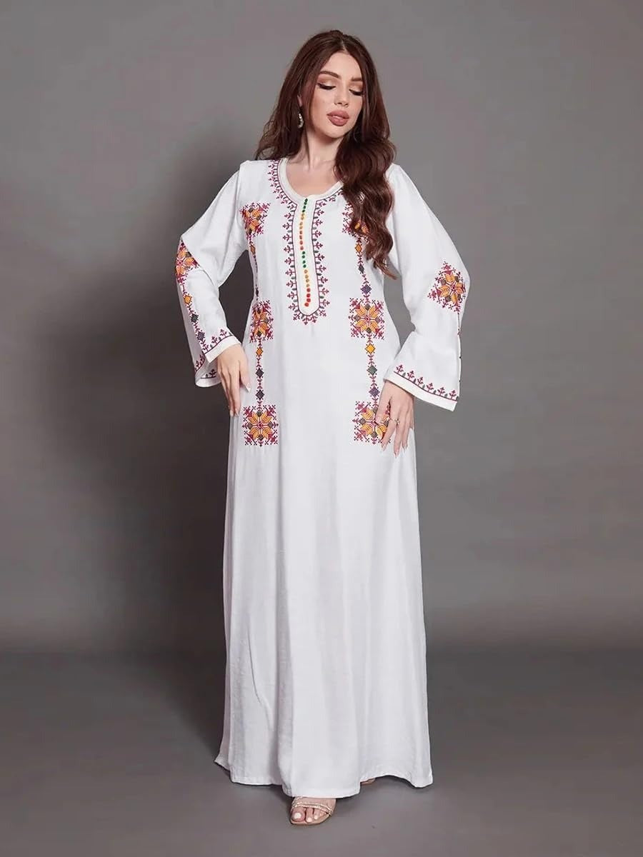 Arabic Dress For Women 2023 Moroccan Dubai Africano Abaya Solid Embroidery Full Sleeve Loose Ramadan Muslim Femme Robe