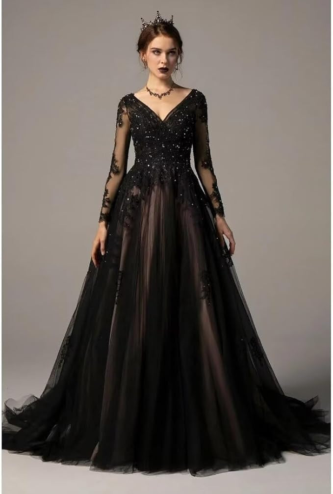 Sparkly Sequin V-Neck Gothic Black Wedding Dresses Full Sleeves 3D Lace Appliques Lace-Up Back Ball Gown Women Party Robe