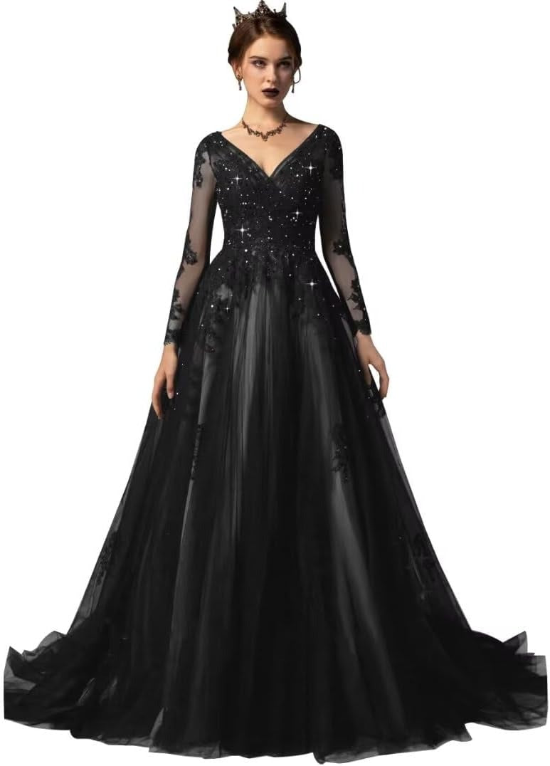 Sparkly Sequin V-Neck Gothic Black Wedding Dresses Full Sleeves 3D Lace Appliques Lace-Up Back Ball Gown Women Party Robe