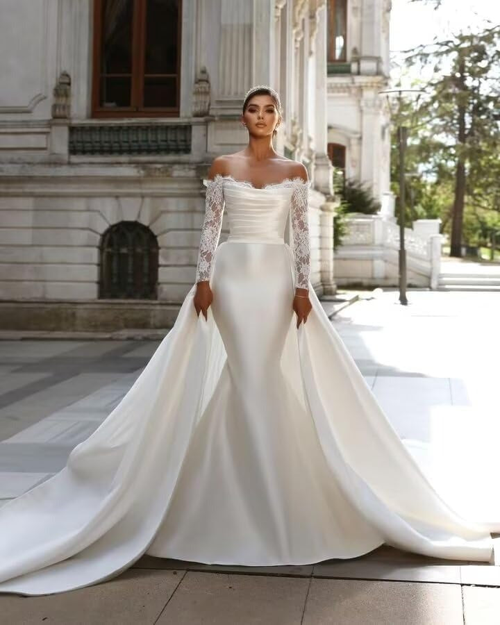 Gorgeous Detachable Train Wedding Dresses Elegant Woman's Lace Applique Long Off Shoulder Formal Princess Bridal Gowns Plus Size