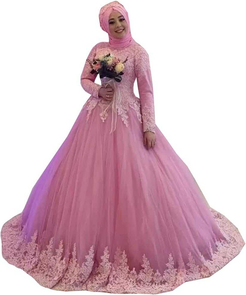 Vestido De Noiva Pink Muslim Wedding Dresses Ball Gown Long Sleeves Tulle Lace Dubai Arabic Wedding Gown Bridal Dress