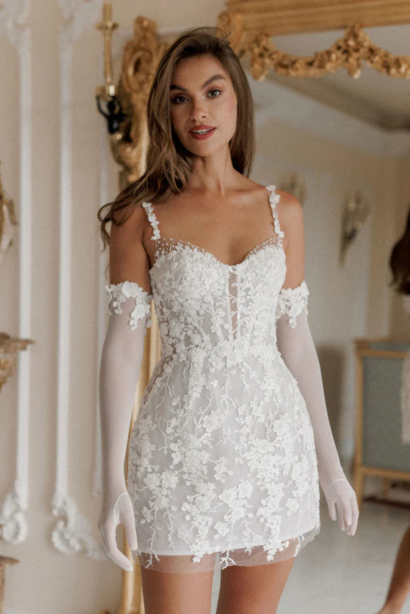 Lace Spaghetti Strap A-Line Appliques robes de soirée Up to Thigh Length Evening Dresses Wedding Party Wedding Dress