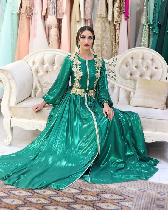 Emerald Green Moroccan Kaftan Evening Dresses for Women Formal Gold Lace Dubai Princess Prom Celebrity Party Gowns