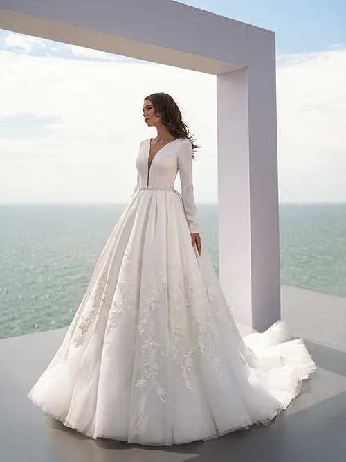 Vestido de Noiva Manga Longa White Long Sleeve Wedding Dress Lace Bride Dresses Ball Gown Princess Wedding Gowns V Neck