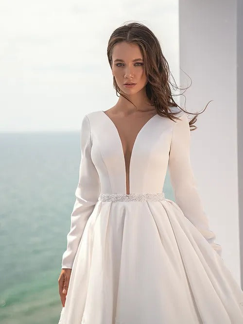 Vestido de Noiva Manga Longa White Long Sleeve Wedding Dress Lace Bride Dresses Ball Gown Princess Wedding Gowns V Neck