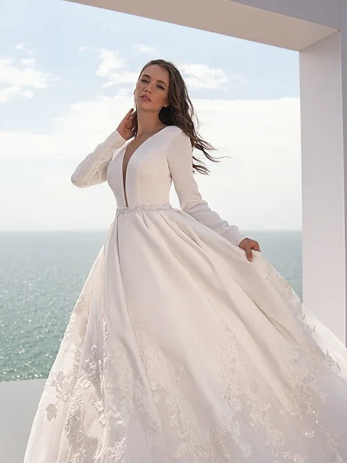 Vestido de Noiva Manga Longa White Long Sleeve Wedding Dress Lace Bride Dresses Ball Gown Princess Wedding Gowns V Neck