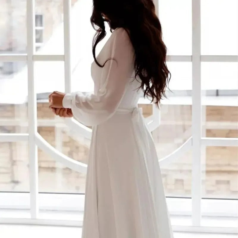 Luxury Store Chiffon Wedding Dresses White Dresses Womens A-Line vestidos boda playa Elopment Full Sleeves Vestido De Novia