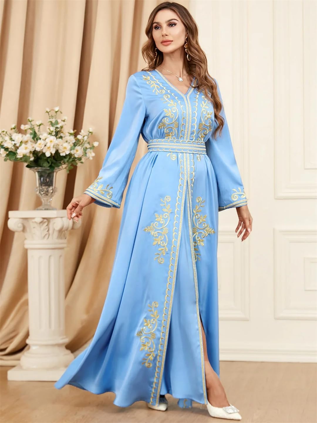 Fashion Ethnic Muslim Woman Abaya 2 Piece Set Moroccan Caftan Solid Embroidery Full Sleeve V-Neck Sashes Turkish Robe