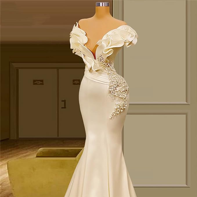 Haohao Pearls Mermaid Wedding Dresses Sexy Off The Shoulder Elegant Ivory Satin Ruffles Bridal Gowns Vintage Boho Country Bride Beige