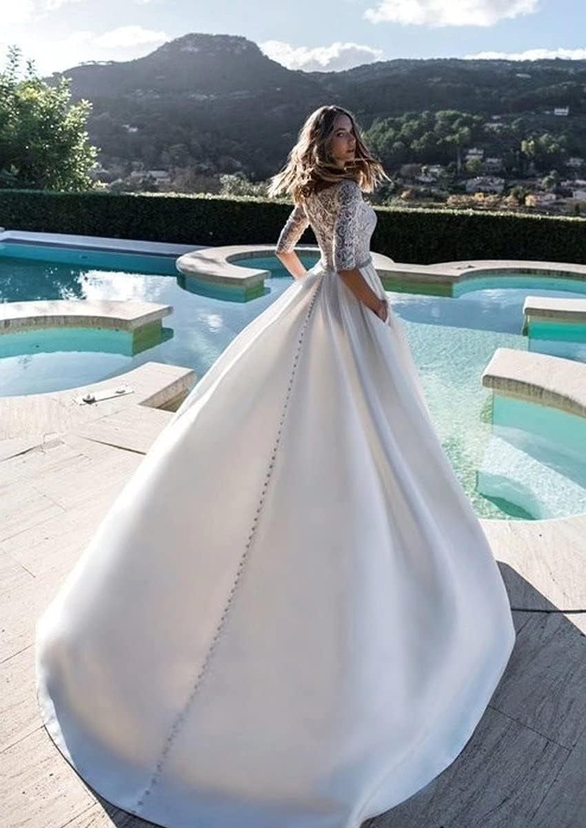 Half Sleeves A-Line Wedding Dresses Modest Satin Bridal Gowns Garden Custom Modest European Fashion Beach Robe De Mariee