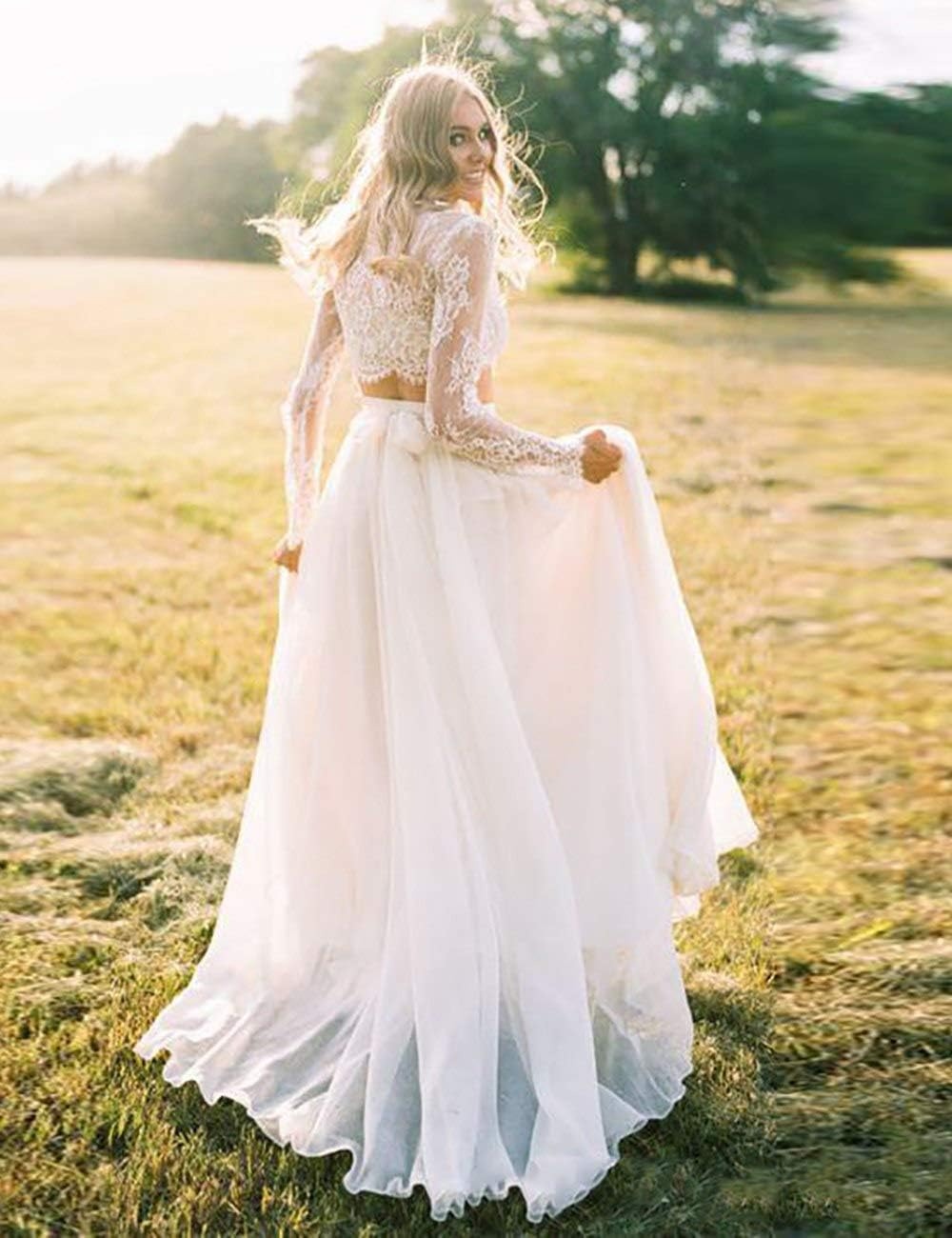 Lace Long Sleeves Chiffon Wedding Dresses Two Piece Bridal Gowns Simple Robe De Mariage