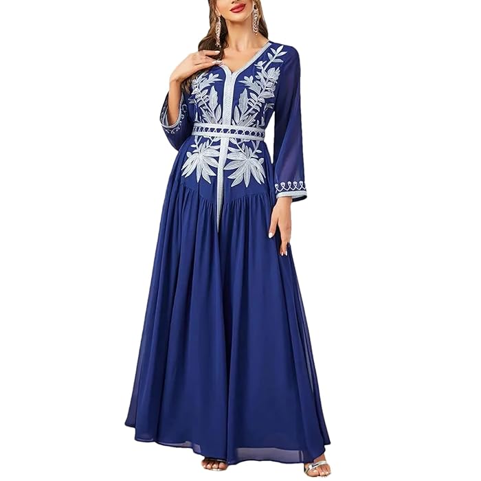 Floral Embroidery Chiffon Long Sleeve V-Neck Draped Dress With Sashes Jalabiyat Dubai African Moroccan Women Robe