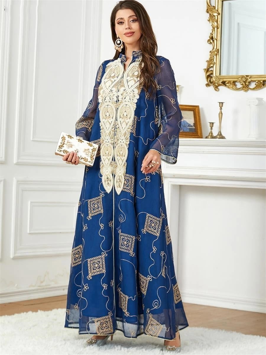 Dubai Turkish Fashion Floral Gold Embroidery Tape Trim Casual Loose Abaya Jalabiyat Islamic Gulf Women Robe Clothing