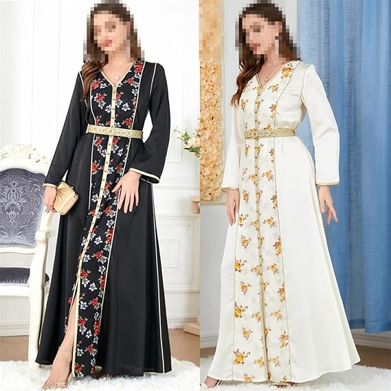 Prom Dresses 2023 Floral Embroidery Belted Kaftan V-Neck Beading Party Dress Jalabiyat Ramadan Abaya Clothes For Women