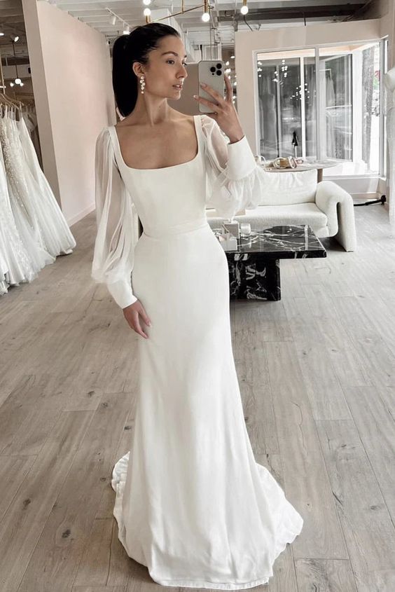 Simple Mermaid Wedding Dresses Woman Zipper Long Sleeves Square Neck Bride Gowns Long Bridal Gowns Custom Vestido De Novia Ivory