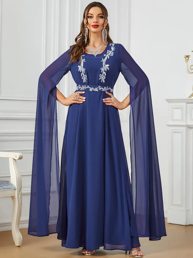 Dubai Moroccan Fashion Embroidery Chiffon Super Long Sleeve Evening Party Gown Jalabiyat Turkish Gulf Belted Dress