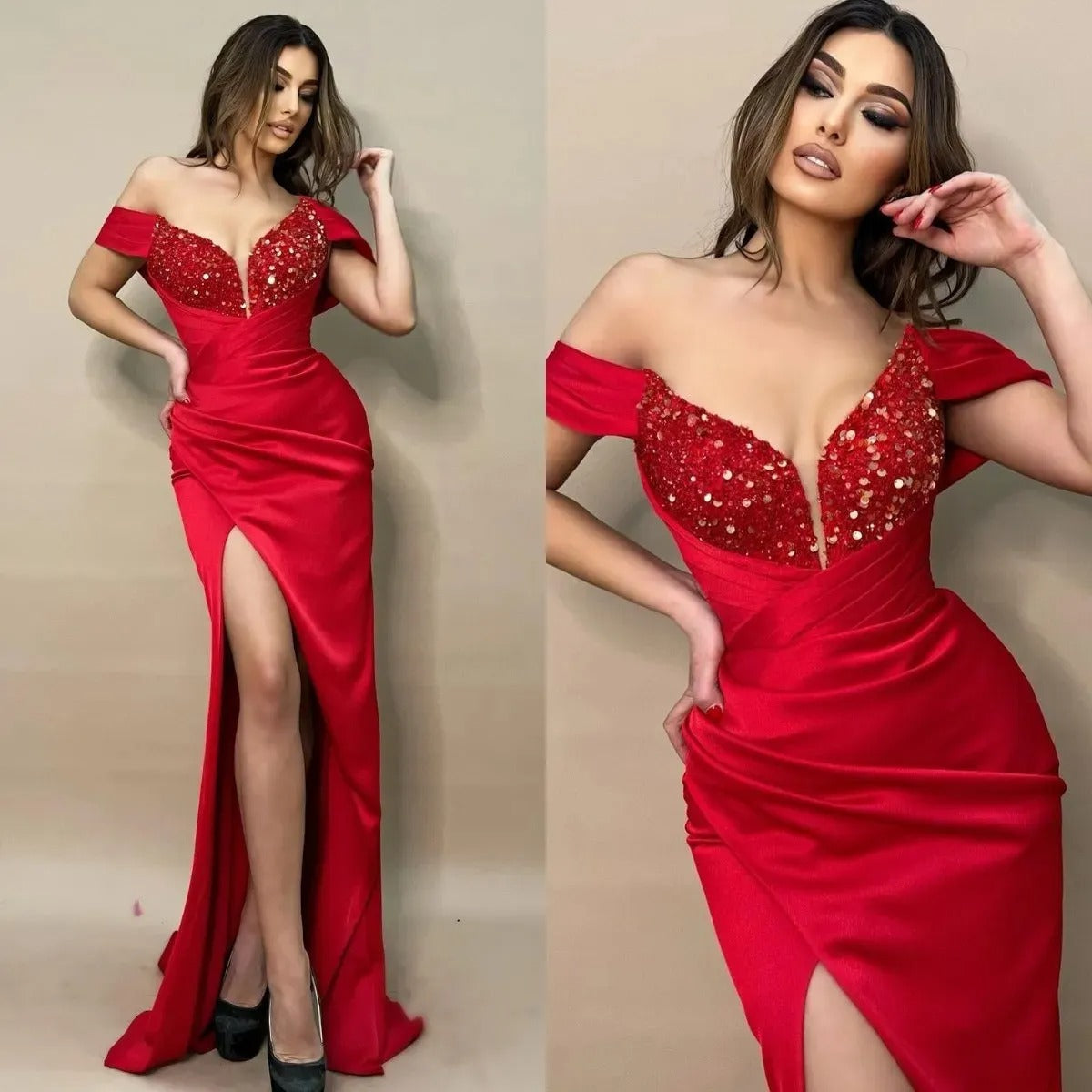 Luxury Sexy Red Prom Dresses Sequins Off Shoulder Evening Dresses Pleats Slit Semi Formal Red Carpet Long Special Occasion dress