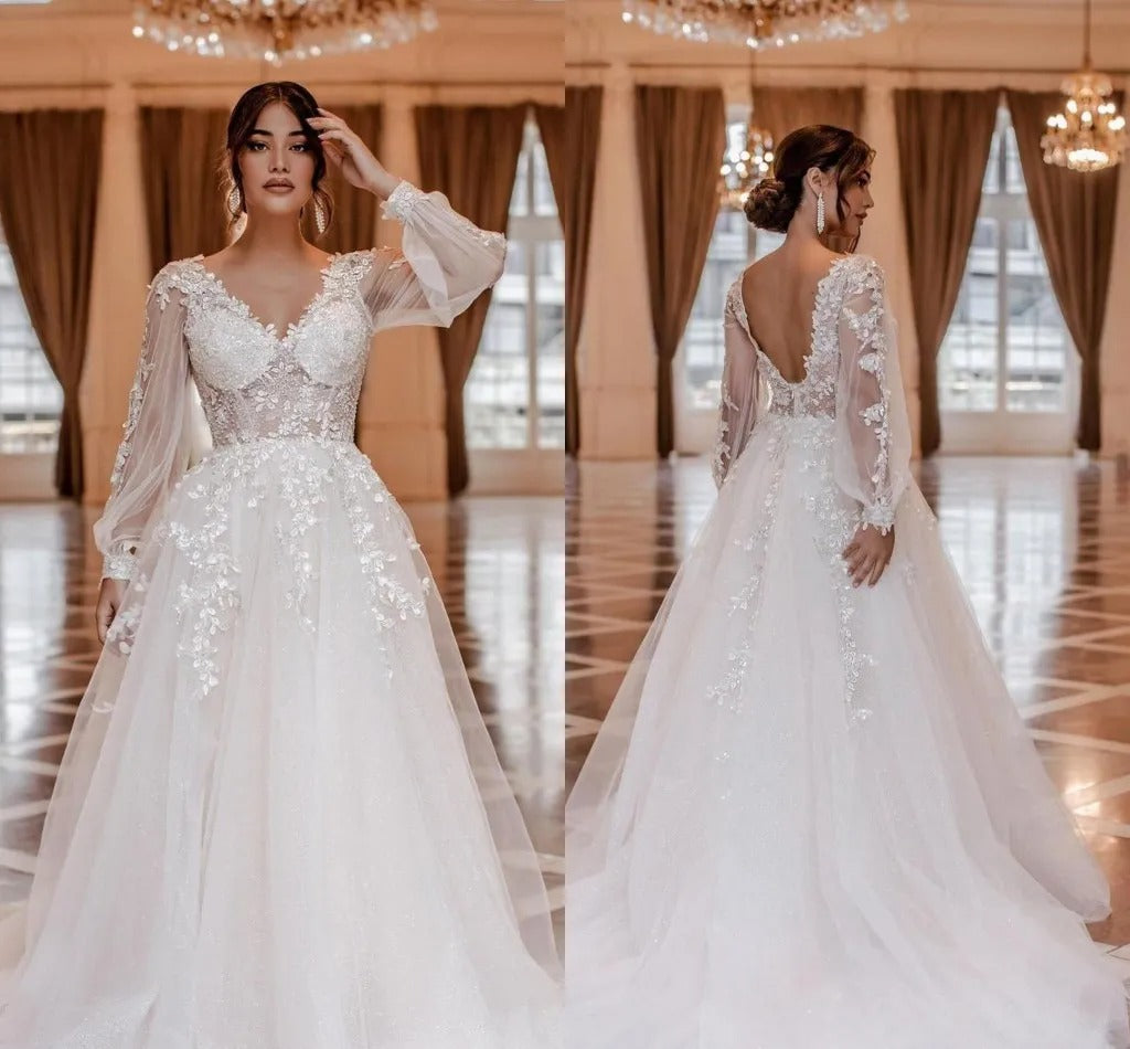 Illusion Wedding Dresses Long Puff Sleeve A Line Prom Dresses Princess V Neck Appliques Woman's Formal Bride Party Ball Gowns