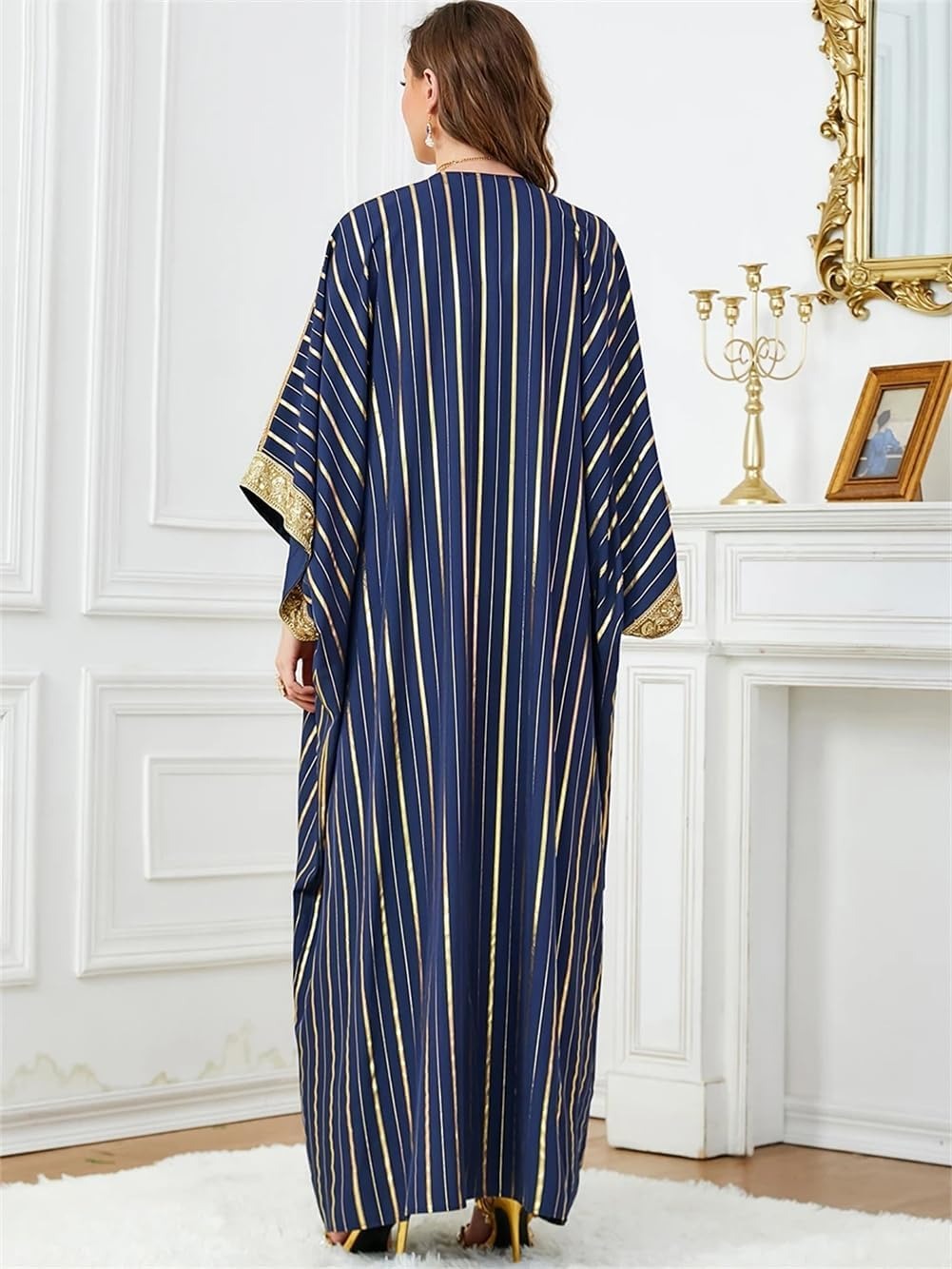 Luxury Caftan Marocain Femme Evening 2 Piece Abaya Set Jalabiya Woman Blue Stripe Sequins Belted Robe Africano Mujer