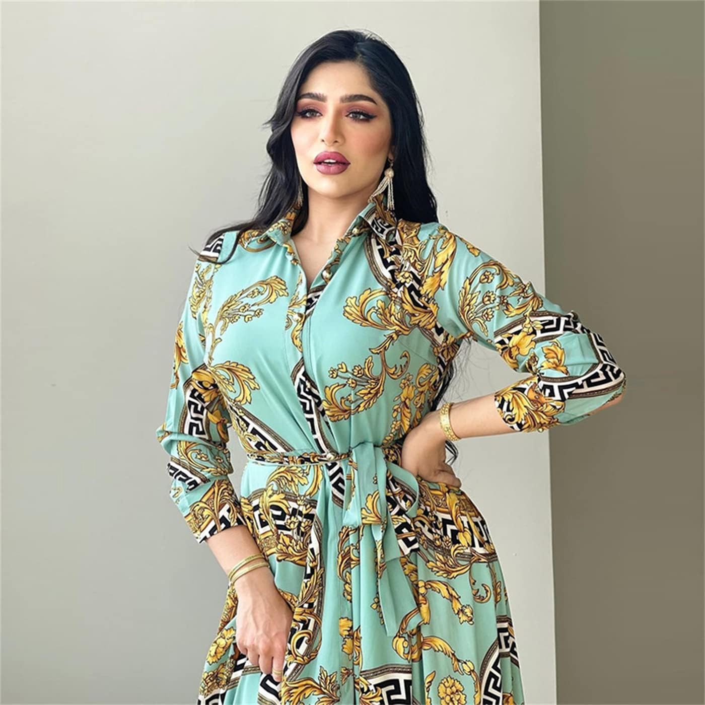 Ethnic Print Maxi Dresses for Women Single-breasted Lapel Shirt Dress Dubai Turkey Arabic Oman Middle East Clothing 2021 New