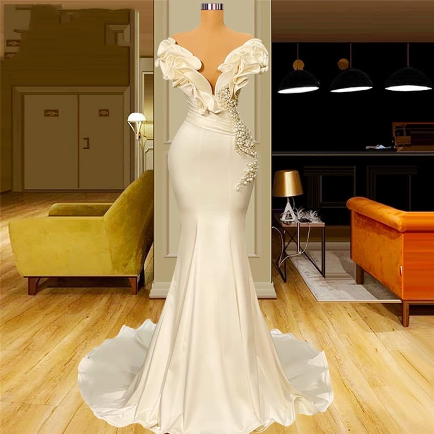 Elegant Satin Flower Deep V-Neck Evening Dresses Female Milky White Sleeveless Wedding Party Gowns Mermaid Pearl Bride Dress