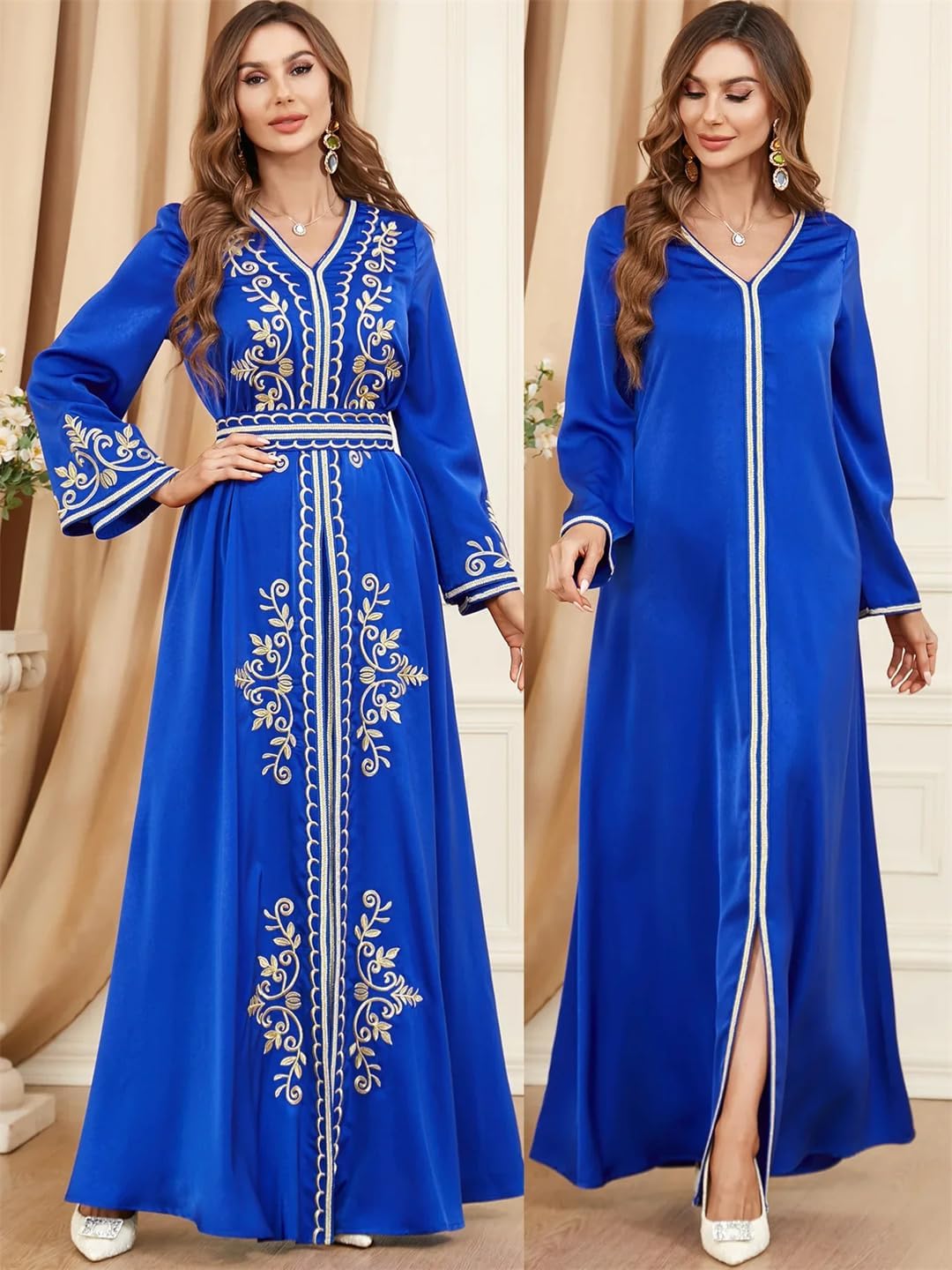 Fashion Ethnic Muslim Woman Abaya 2 Piece Set Moroccan Caftan Solid Embroidery Full Sleeve V-Neck Sashes Turkish Robe