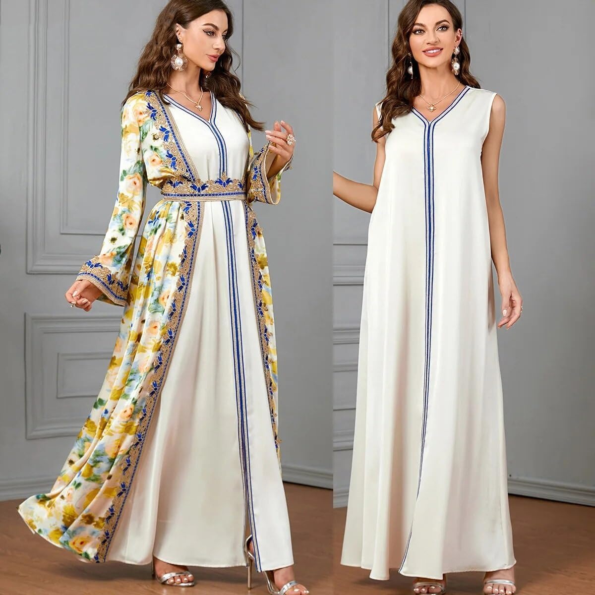 Africano Dress Woman 2 Piece Abaya Set For Dubai Ladies Chic Tape Trim Belted Caftan Marocain Robe Femme Musulmane