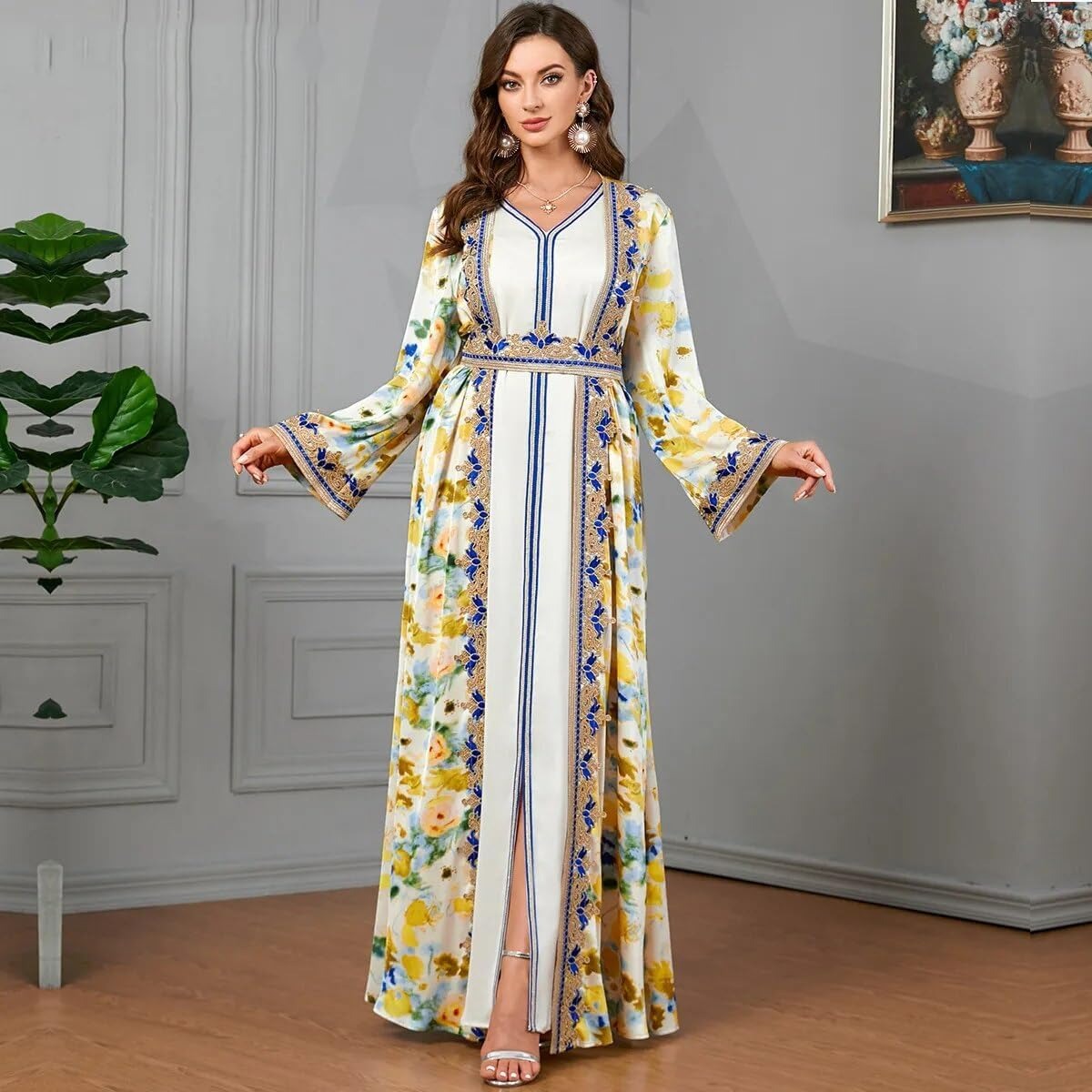 Africano Dress Woman 2 Piece Abaya Set For Dubai Ladies Chic Tape Trim Belted Caftan Marocain Robe Femme Musulmane