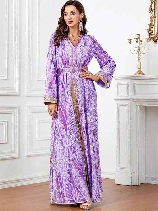 Moroccan Dress Kaftan 2 Piece Abaya Set Evening Robe Printing Full Sleeve V-Neck Islamic Caftan Ramadan Muslim Clothing