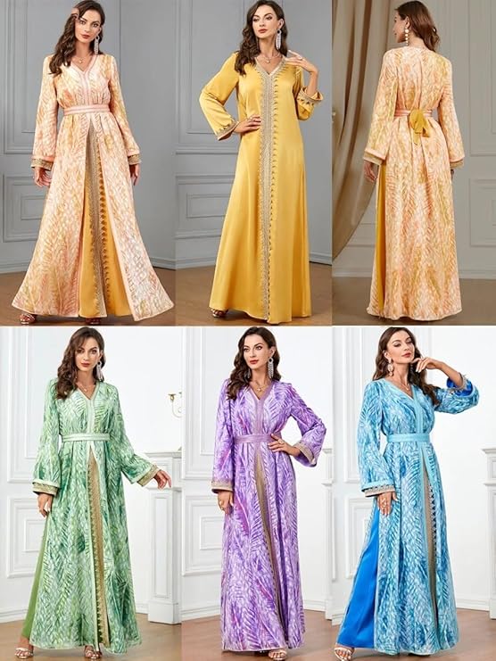 Moroccan Dress Kaftan 2 Piece Abaya Set Evening Robe Printing Full Sleeve V-Neck Islamic Caftan Ramadan Muslim Clothing