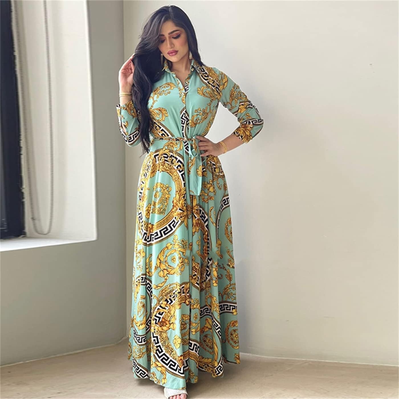 Ethnic Print Maxi Dresses for Women Single-breasted Lapel Shirt Dress Dubai Turkey Arabic Oman Middle East Clothing 2021 New