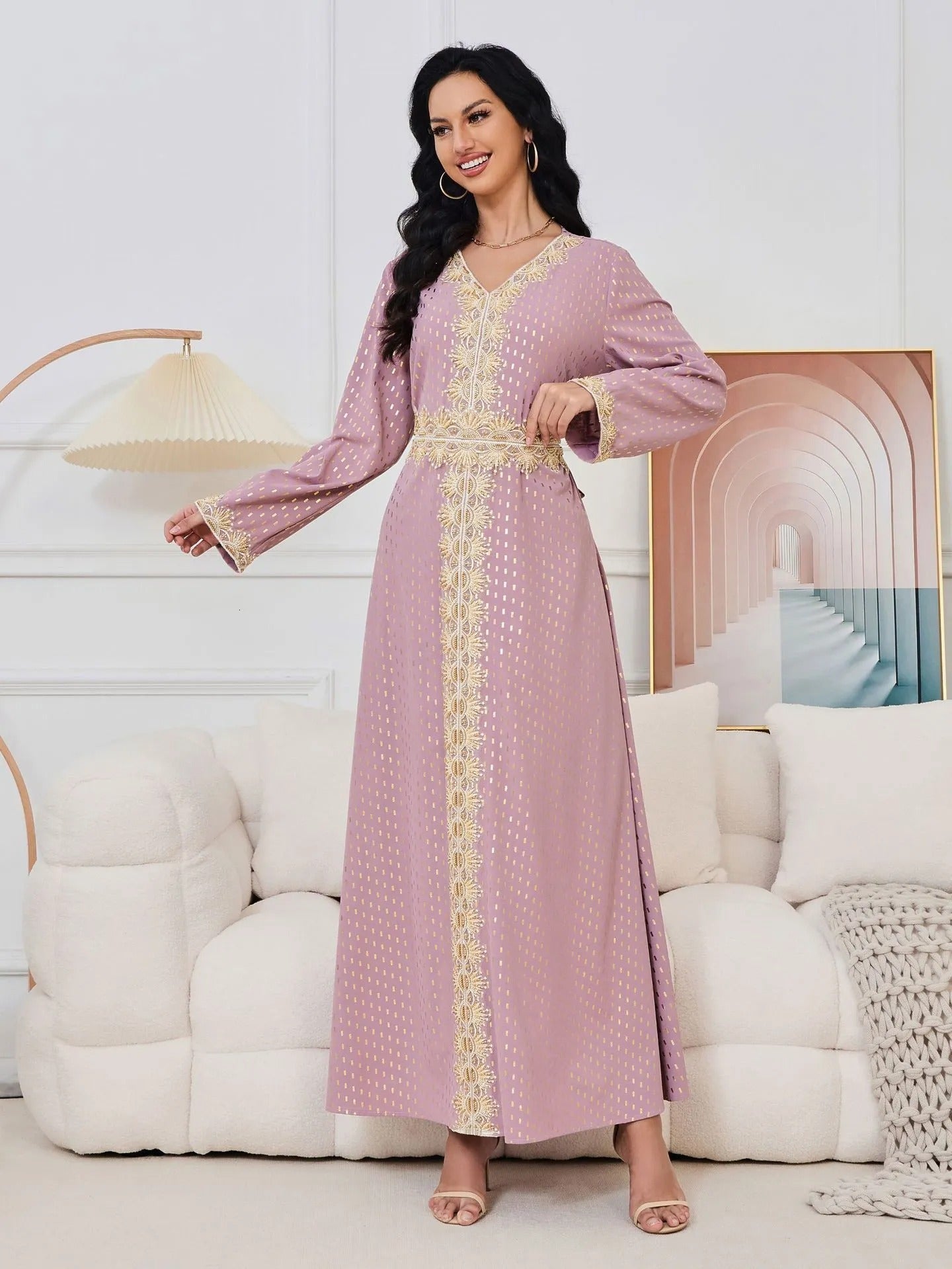 Fashion Beading Solid Belted Gold Stamping Evening Party Dress Moroccan African Gulf Women Abaya Turkish Saudi Kaftan