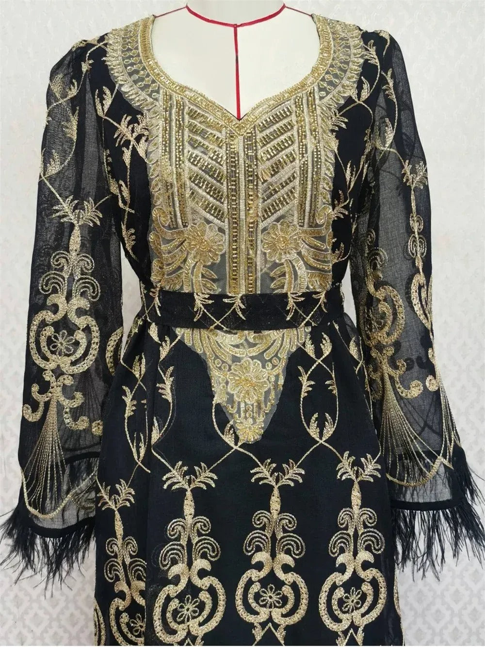 Dubai Gold Floral Embroidery Sequins Feathers Patchwork Long Sleeve V Collar Ethnic Party Gown With Sashes Eid Al-Adha