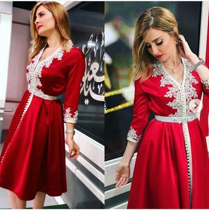 Gorgeous Red Short Moroccan Caftan Formal Evening Dress Charming V Neck Lace Women Party Gown Knee Length Vestidos De Gala