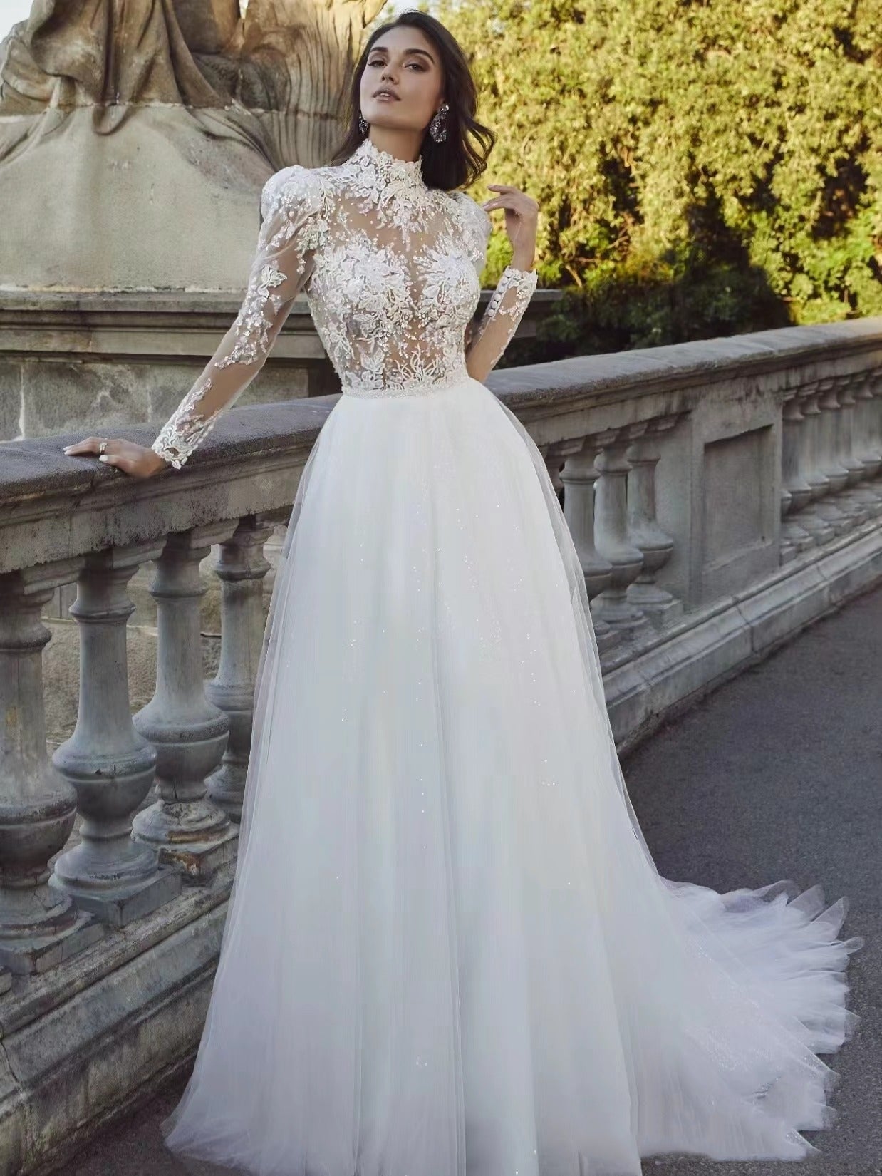 Exquisite Wedding Dresses With Detachable Train Satin Mermaid Lace Appliques Bridal Gown High Neck Long Sleeve Vestidos De Novia