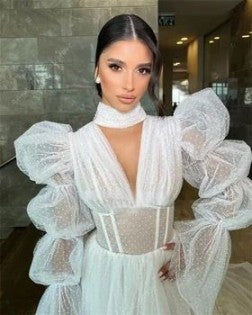 Qanz Boho Tulle Wedding Dresses Puff Sleeves Long A Line Illusion Bridal Gowns V Neck Corset Back Robes De Mariage élégante White