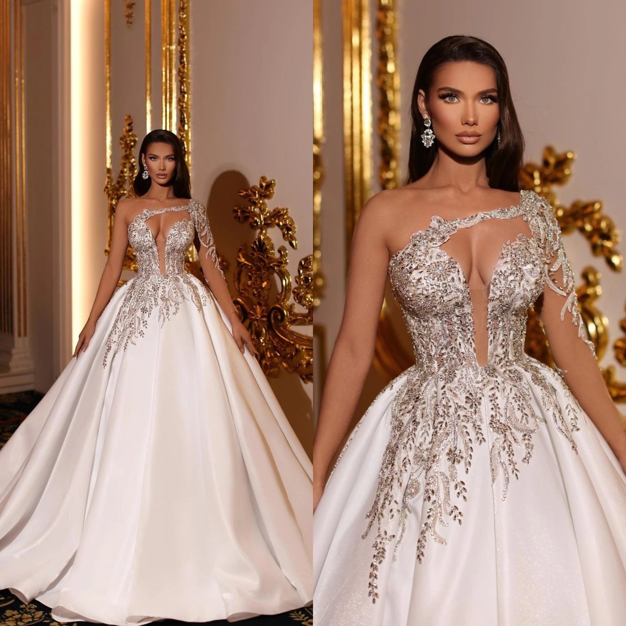 Exquisite Applique Wedding Dresses A Line Deep V Neck Ball Gowns Ruched Tulle Illusion Long Sleeve Formal Beach Party Vestidos