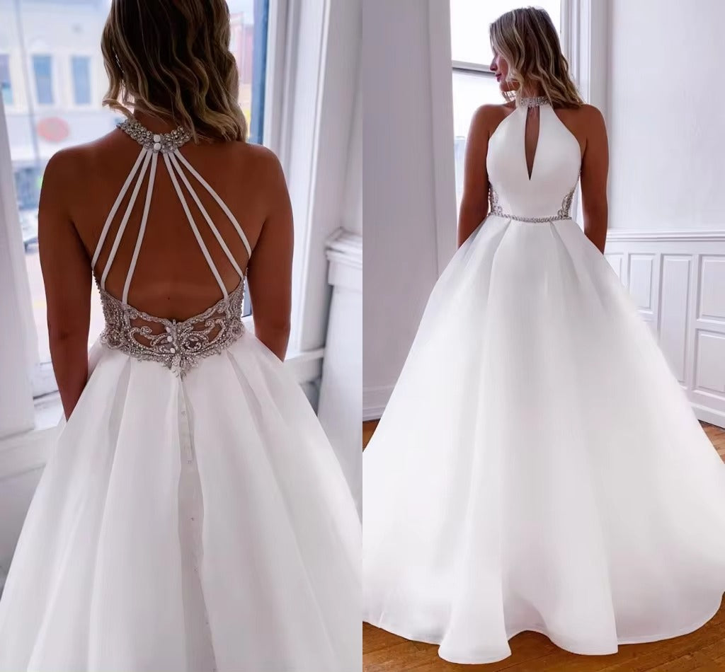 Simple A Line Boho Wedding Dresses for Women White Organza High Neck Crystals Bridal Gowns Robe De Mariage with Pockets