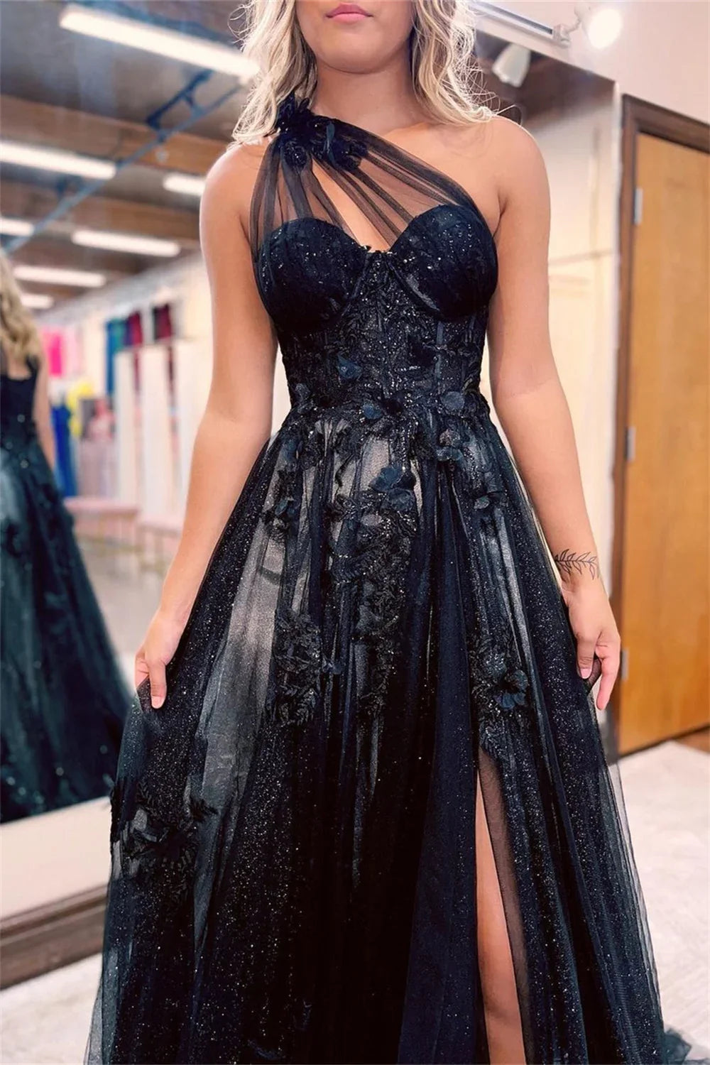 Sparkling Tulle A-line Prom Dress Dark Blue Evening Dress Sexy One Shoulder Side Split فستان سهرة Princess Party Dress