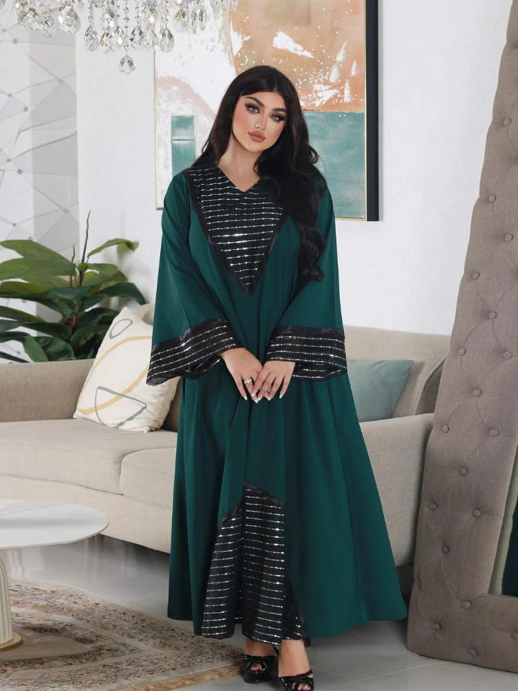 Fashion Sequins Black Mesh Patchwork Dubai Abaya Elegant Casual Full Sleeve V-Neck Long Dress Women Muslim