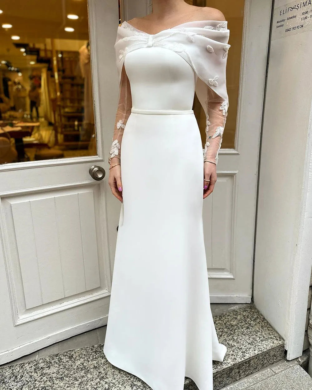 SoDigne Vintage Elastic Satin Wedding Dresses Modest Saudi Arabia Long Sleeves Bride Dress Lace Off the Shouder Wedding Gown