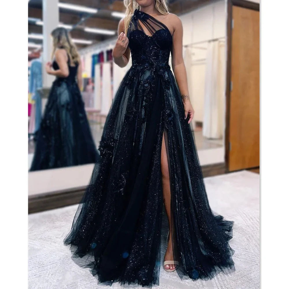 Sparkling Tulle A-line Prom Dress Dark Blue Evening Dress Sexy One Shoulder Side Split فستان سهرة Princess Party Dress