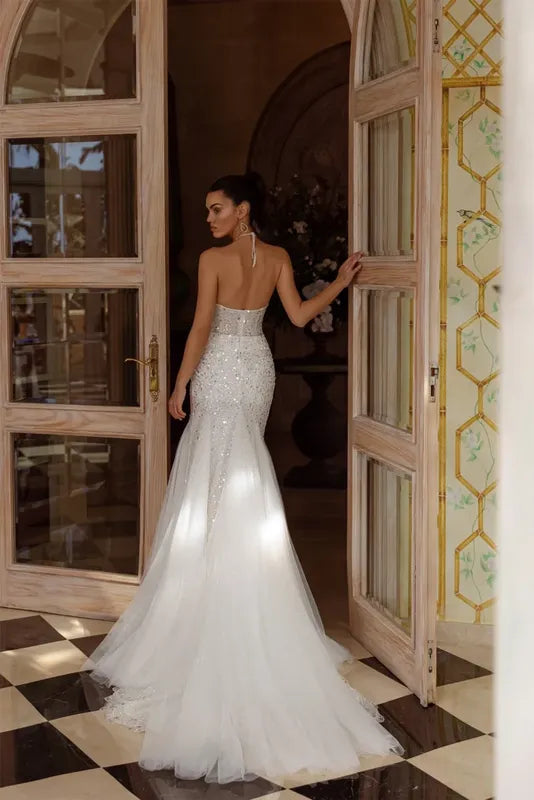 Glitter Wedding Dresses Sheath Mermaid Sequin Appliques Sleeveless Backless Sexy Bridal Gowns Elegant Vestidos De Novia