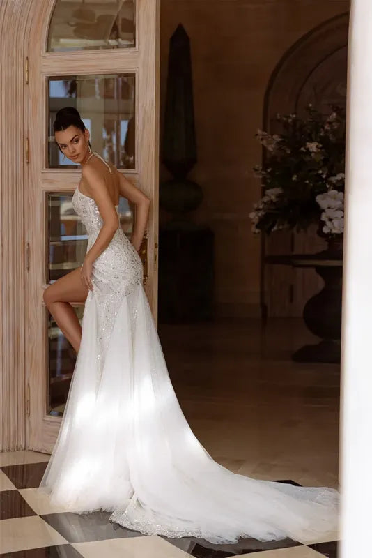 Glitter Wedding Dresses Sheath Mermaid Sequin Appliques Sleeveless Backless Sexy Bridal Gowns Elegant Vestidos De Novia
