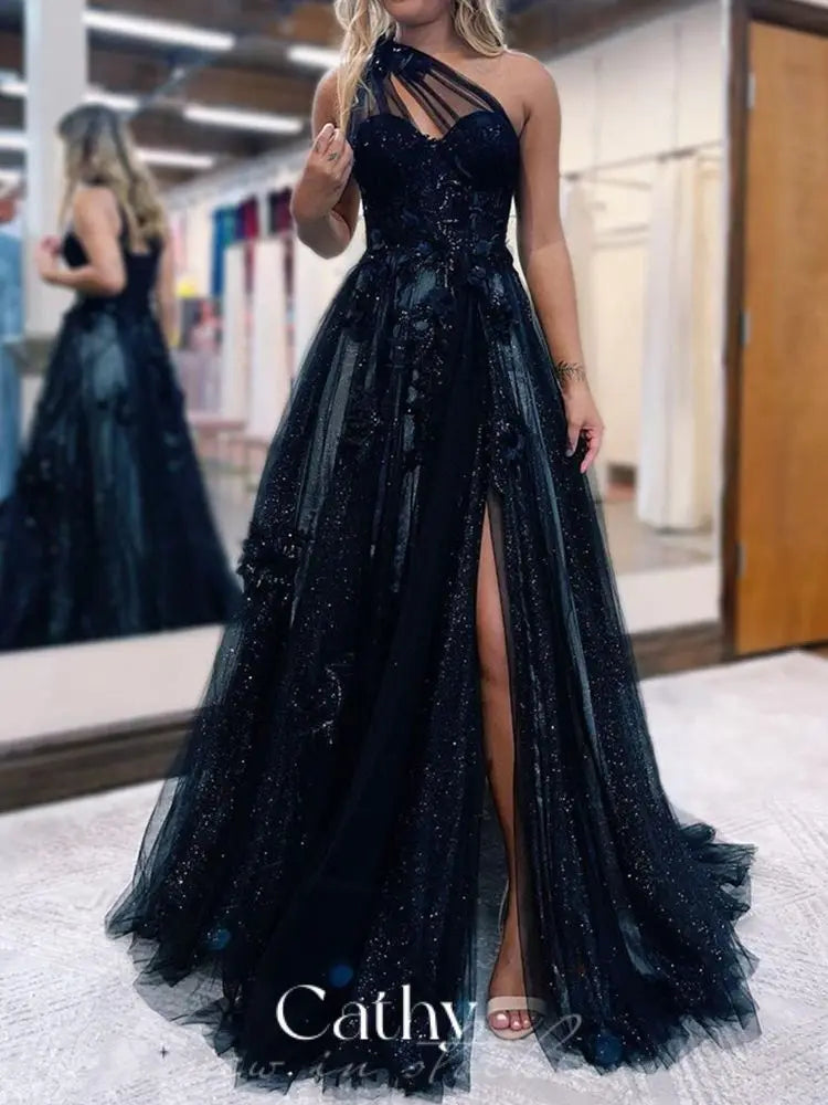 Sparkling Tulle A-line Prom Dress Dark Blue Evening Dress Sexy One Shoulder Side Split فستان سهرة Princess Party Dress as pic