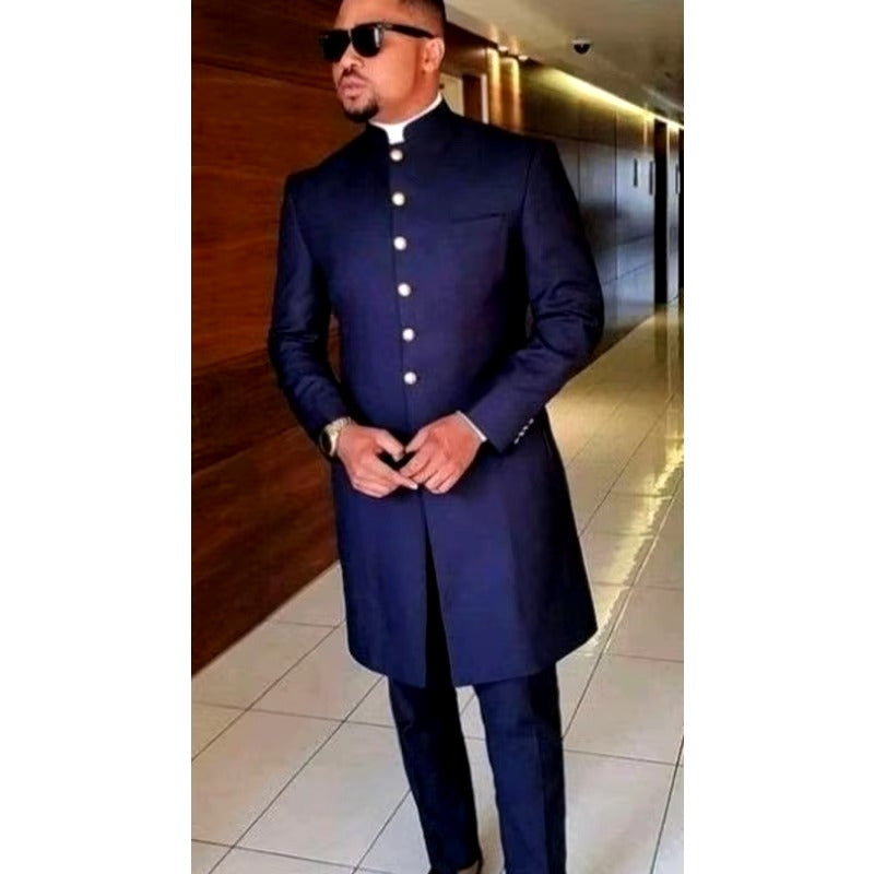 New Arrival Men Suits African Style Long Jacket Formal Royal Blue with Gold Buttons Groom Party Costume Homme 2 Pieces