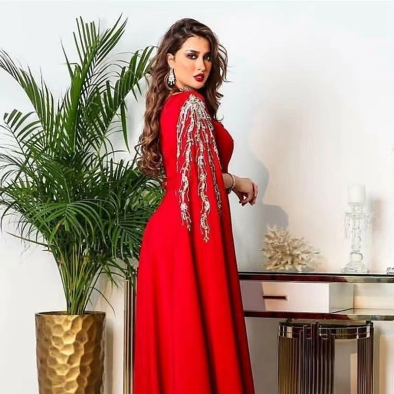 Red Satin A Line Caftan Evening Dresses Long Cape Beads Applique Embroidery Dubai Arabic Women Formal Prom Gowns