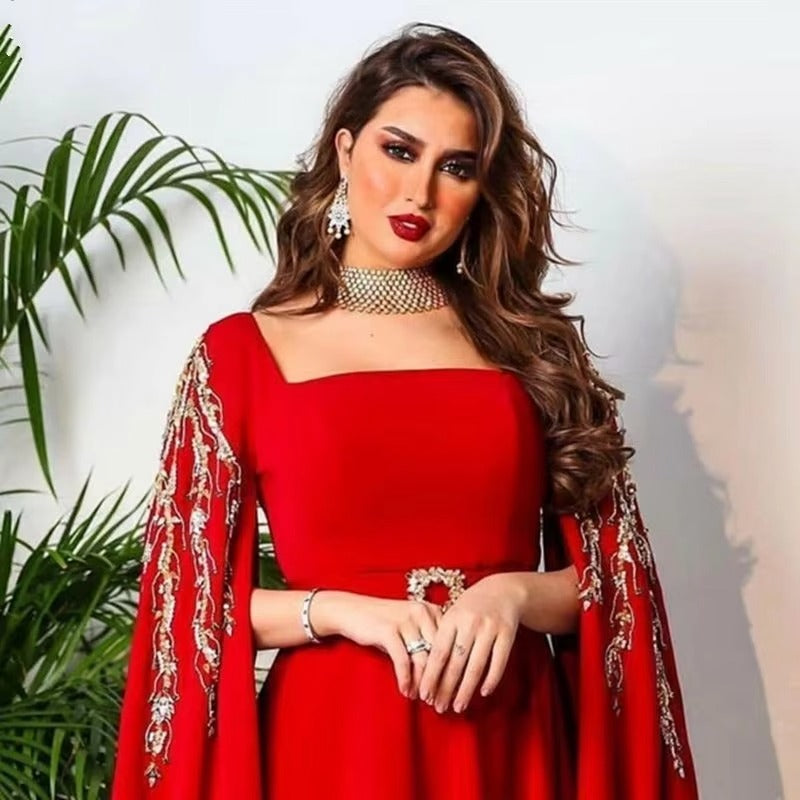 Red Satin A Line Caftan Evening Dresses Long Cape Beads Applique Embroidery Dubai Arabic Women Formal Prom Gowns