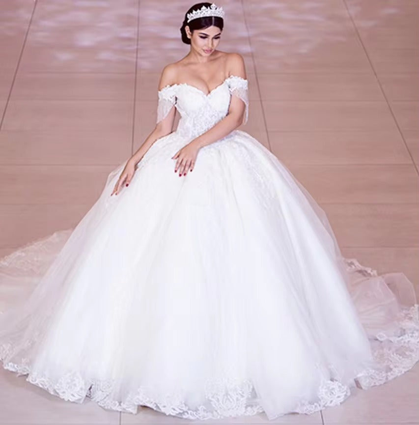 Luxury Beaded Lace Wedding Dresses New Elegant Off Shoulder Tulle Bridal Wedding Gowns Sweetheart Princess Bridal Dress